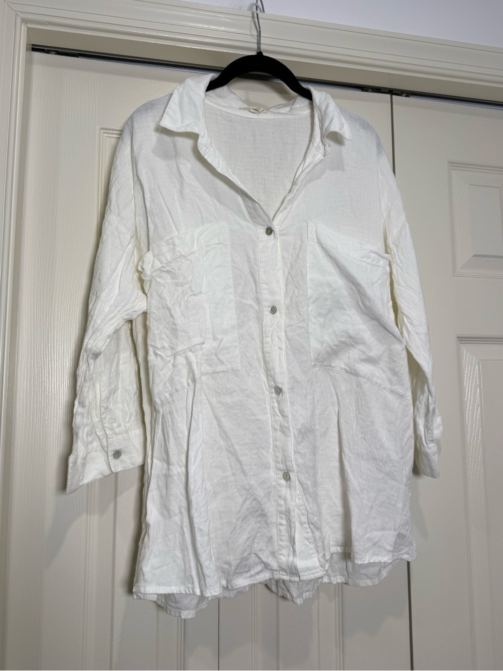 Eileen Fisher Linen Tencel Blend White Collared Button Down Shirt Size Large